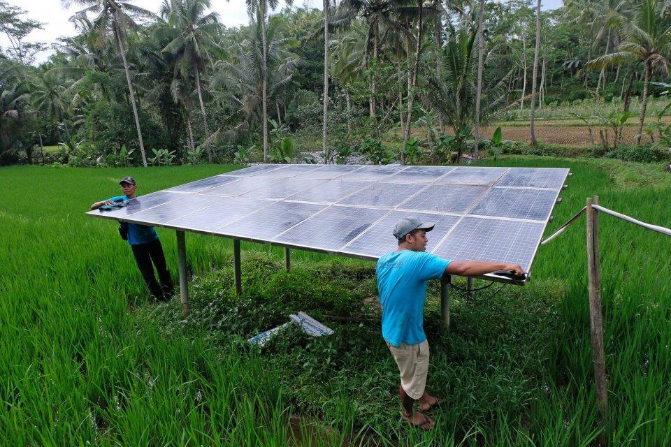 Warga membersihkan permukaan panel pembangkit listrik tenaga surya (PLTS) di tengah persawahan desa Girikulon, Secang, Jawa Tengah, Kamis (10/3/2022). (Antara Foto)
